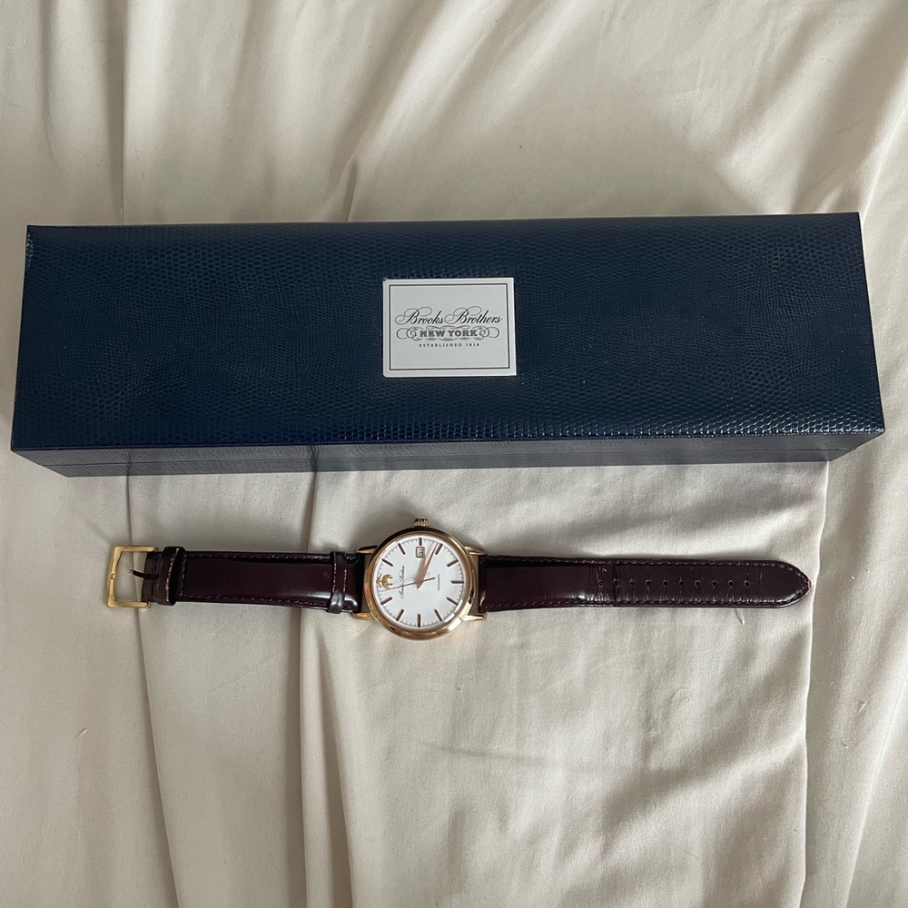 Brooks Brothers Gold-Tone Watch with Dark Brown Leather Strap
